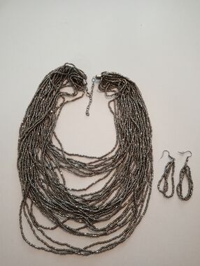 #1164. Silver Toned, Glass Seed Bead, Multi Strand Necklace & Earring Set